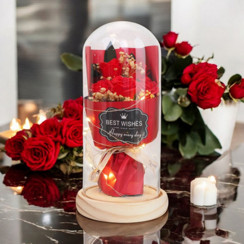 BUKIET RÓŻE W SZKLE NA PIĘKNY PREZENT ŚWIECĄCE LED