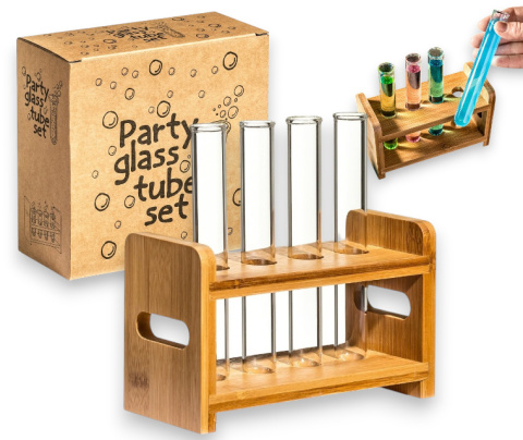 IMPREZOWE PROBÓWKI 4 szt. z drewnianym stojakiem PREZENT DLA CHEMIKA NA IMPREZE