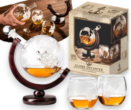 KARAFKA GLOBUS z grawerowanymi szklankami WHISKY PIEKNY PREZENT