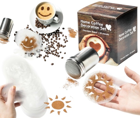 Zestaw dekoracyjny SZABLONY DO KAWY 16 szt. SHAKER PREZENT DLA BARISTY KAWOSZA GADGET