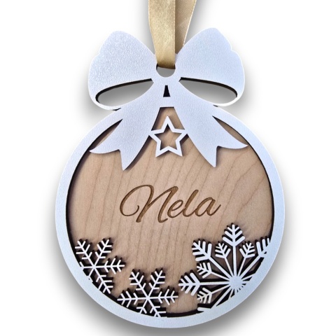Bombka Drewniana Świąteczna z Imieniem Grawer Personalizowana Ozdoba Choinkowa PREZENT NA ŚWIĘTA
