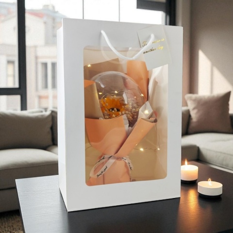 FLOWER BOX BUKIET ZAPACHOWYCH KWIATÓW MYDLANYCH W TOREBCE świecące LED KULA PREZENT URODZINY DLA NIEJ