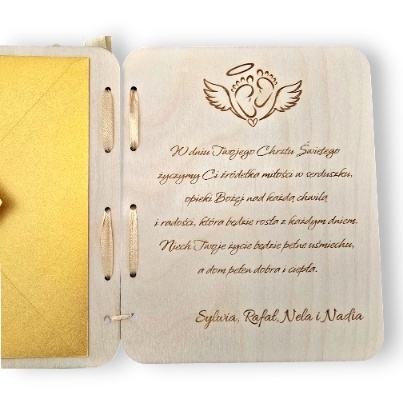 KARTKA NA CHRZEST ŚWIĘTY PAMIĄTKA CHRZTU ŚWIĘTEGO KOPERTA DREWNIANA PERSONALIZOWANA