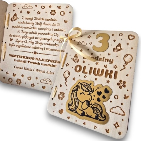 KARTKA NA URODZINY JEDNOROŻEC KARTKA DREWNIANA URODZINY 1-9 PERSONALIZOWANA + KOPERTA ZŁOTA