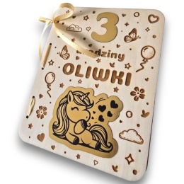 KARTKA NA URODZINY JEDNOROŻEC KARTKA DREWNIANA URODZINY 1-9 PERSONALIZOWANA + KOPERTA ZŁOTA