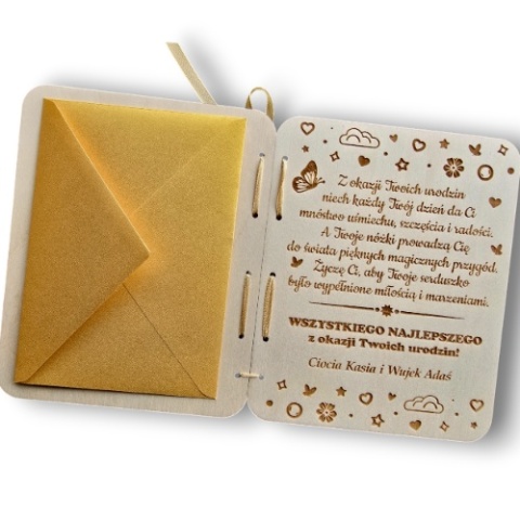 KARTKA NA URODZINY JEDNOROŻEC KARTKA DREWNIANA URODZINY 1-9 PERSONALIZOWANA + KOPERTA ZŁOTA