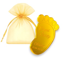 Magnes CHRZEST ŚWIĘTY Podziękowania dla gości STÓPKA Złote Lustro + Woreczek