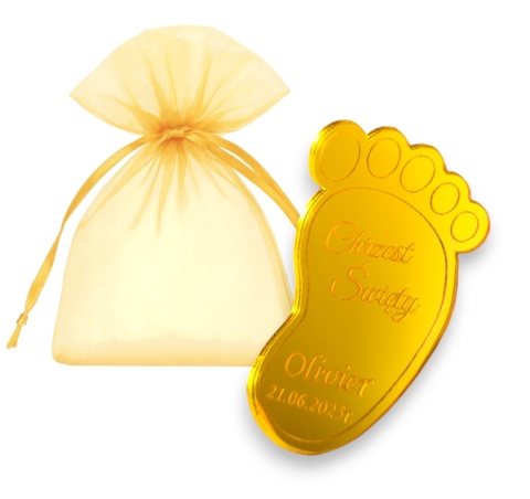 Magnes CHRZEST ŚWIĘTY Podziękowania dla gości STÓPKA Złote Lustro + Woreczek