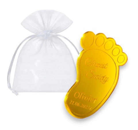 Magnes CHRZEST ŚWIĘTY Podziękowania dla gości STÓPKA Złote Lustro + Woreczek