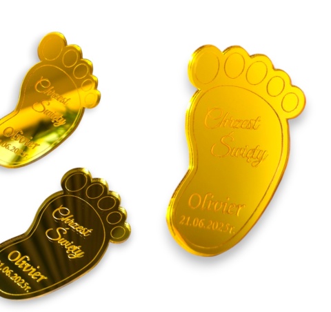 Magnes CHRZEST ŚWIĘTY Podziękowania dla gości STÓPKA Złote Lustro + Woreczek