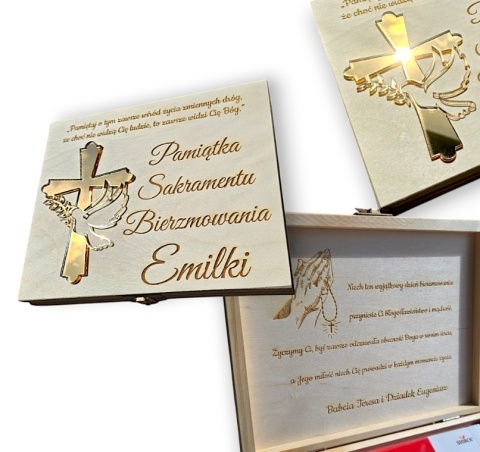 PAMIĄTKA BIERZMOWANIA Prezent na Bierzmowanie Pudełko na pieniądze Merci IMIĘ Personalizacja Grawer