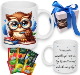 Zestaw Kubek DLA NAUCZYCIELA SOWA PREZENT Dzień Nauczyciela + Herbata 6szt. + Pudełko