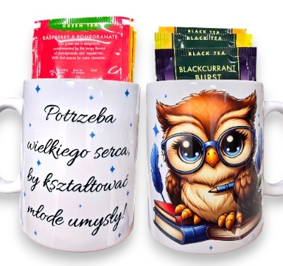 Zestaw Kubek DLA NAUCZYCIELA SOWA PREZENT Dzień Nauczyciela + Herbata 6szt. + Pudełko