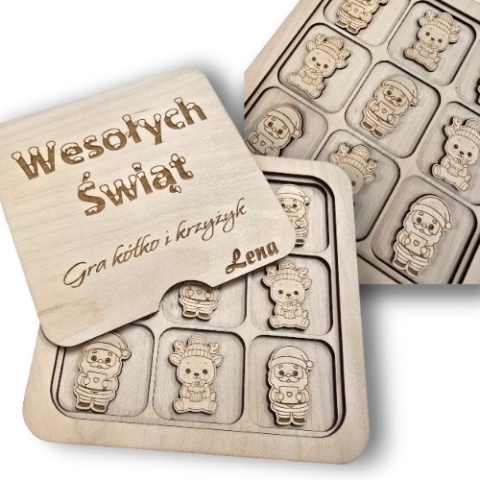 ŚWIĄTECZNA GRA RODZINNA KÓŁKO KRZYŻYK DREWNIANA PERSONALIZOWANA NA PREZENT
