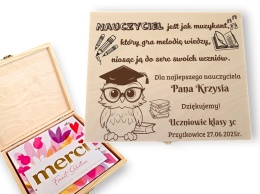 ZAKOŃCZENIE ROKU SZKOLNEGO Pudełko na Czekoladki Merci DLA NAUCZYCIELA GRAWER