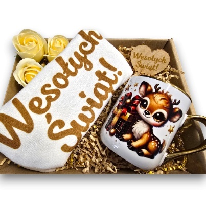 ZESTAW PREZENTOWY RĘCZNIK KUCHENNY + KUBEK Wesołych Świąt GOLD PREZENT NA ŚWIĘTA