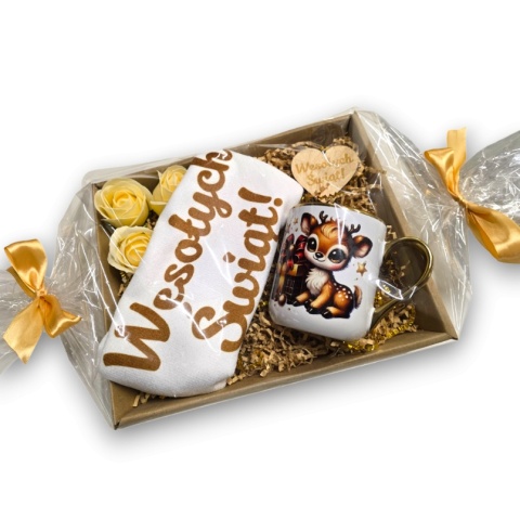 ZESTAW PREZENTOWY RĘCZNIK KUCHENNY + KUBEK Wesołych Świąt GOLD PREZENT NA ŚWIĘTA
