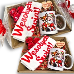 ZESTAW PREZENTOWY RĘCZNIK KUCHENNY + KUBEK Wesołych Świąt PREZENT NA ŚWIĘTA