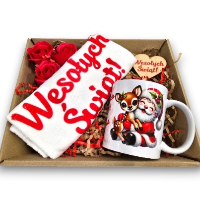 ZESTAW PREZENTOWY RĘCZNIK KUCHENNY + KUBEK Wesołych Świąt PREZENT NA ŚWIĘTA