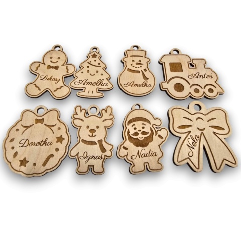 ZESTAW ZAWIESZEK NAKLEJEK NA PREZENTY ŚWIĄTECZNE IMIĘ GRAWER DREWNO 8szt.