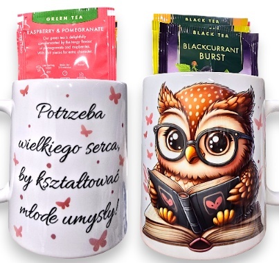 Zestaw Kubek DLA NAUCZYCIELA SOWA PREZENT Dzień Nauczyciela + Herbata 6szt. + Pudełko