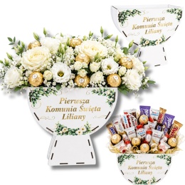 BIAŁY KIELICH FLOWERBOX BOX PREZENT KOMUNIA NA SŁODYCZE KWIATY DEKORACJA DUŻY