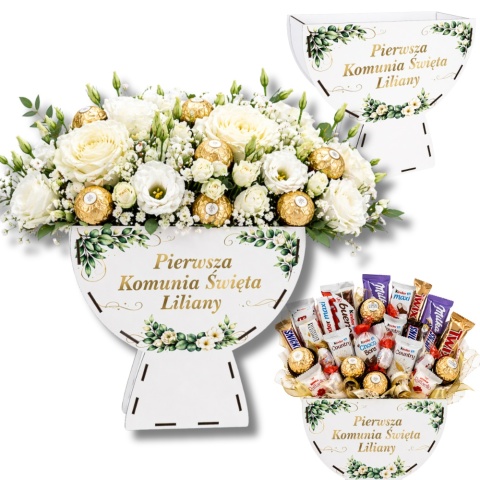 BIAŁY KIELICH FLOWERBOX BOX PREZENT KOMUNIA NA SŁODYCZE KWIATY DEKORACJA DUŻY