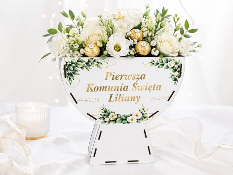 BIAŁY KIELICH FLOWERBOX BOX PREZENT KOMUNIA NA SŁODYCZE KWIATY DEKORACJA DUŻY