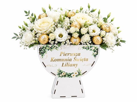 BIAŁY KIELICH FLOWERBOX BOX PREZENT KOMUNIA NA SŁODYCZE KWIATY DEKORACJA DUŻY