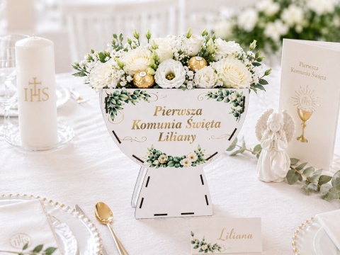 BIAŁY KIELICH FLOWERBOX BOX PREZENT KOMUNIA NA SŁODYCZE KWIATY DEKORACJA MAŁY