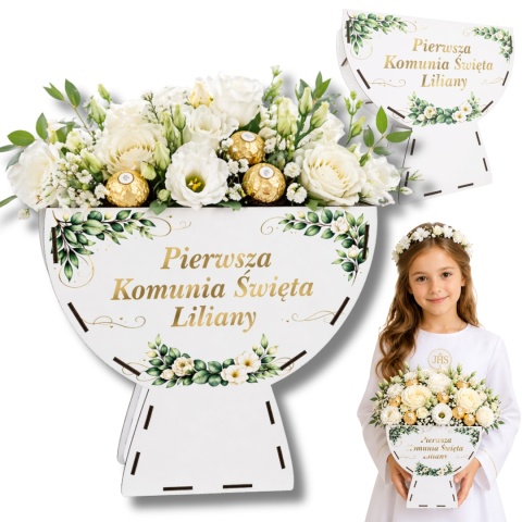 BIAŁY KIELICH FLOWERBOX BOX PREZENT KOMUNIA NA SŁODYCZE KWIATY DEKORACJA MAŁY