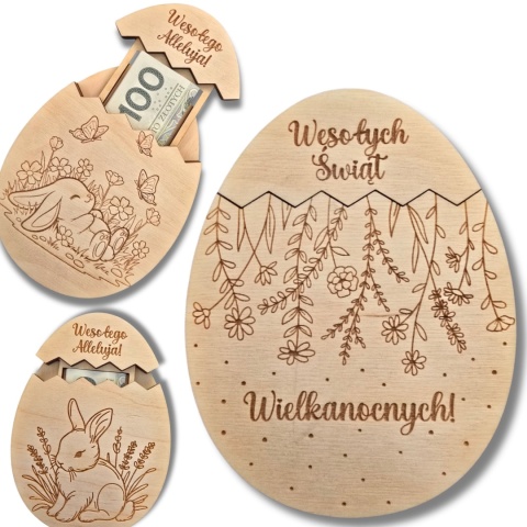 JAJKO WIELKANOCNE NA PIENIĄDZE DREWNIANE PREZENT OD ZAJĄCZKA WZORY