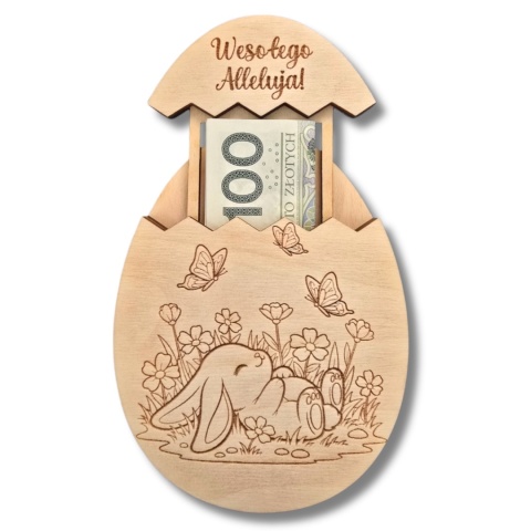 JAJKO WIELKANOCNE NA PIENIĄDZE DREWNIANE PREZENT OD ZAJĄCZKA WZORY
