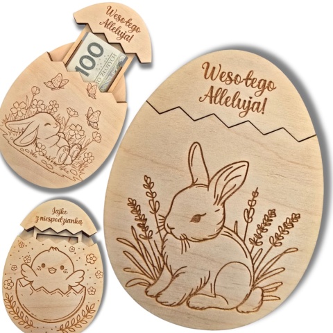 JAJKO WIELKANOCNE NA PIENIĄDZE DREWNIANE PREZENT OD ZAJĄCZKA WZORY