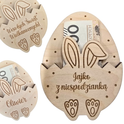JAJKO WIELKANOCNE NA PIENIĄDZE OD ZAJĄCZKA drewniane zajączek prezent wzory