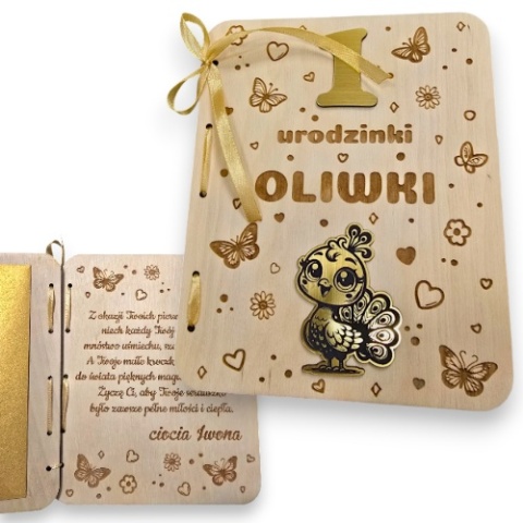 KARTKA NA ROCZEK PAW KARTKA DREWNIANA URODZINY PERSONALIZOWANA + Koperta złota