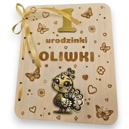 KARTKA NA ROCZEK PAW KARTKA DREWNIANA URODZINY PERSONALIZOWANA + Koperta złota