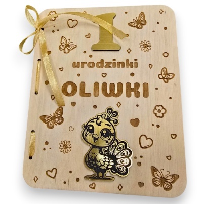 KARTKA NA ROCZEK PAW KARTKA DREWNIANA URODZINY PERSONALIZOWANA + Koperta złota