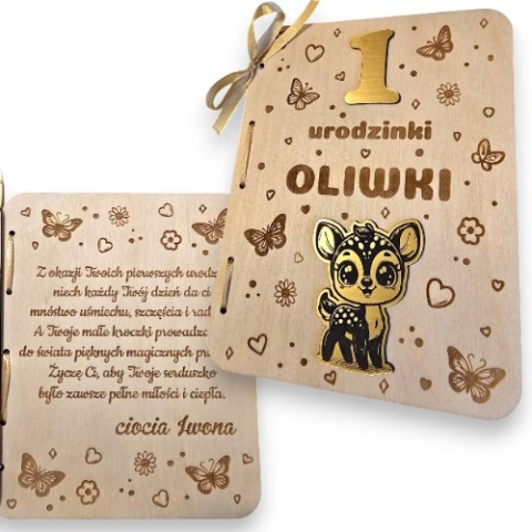KARTKA NA ROCZEK SARENKA KARTKA DREWNIANA URODZINY PERSONALIZOWANA + Koperta złota