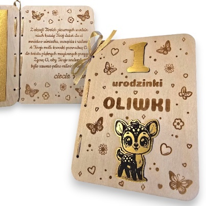 KARTKA NA ROCZEK SARENKA KARTKA DREWNIANA URODZINY PERSONALIZOWANA + Koperta złota