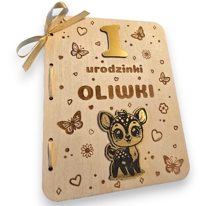 KARTKA NA ROCZEK SARENKA KARTKA DREWNIANA URODZINY PERSONALIZOWANA + Koperta złota