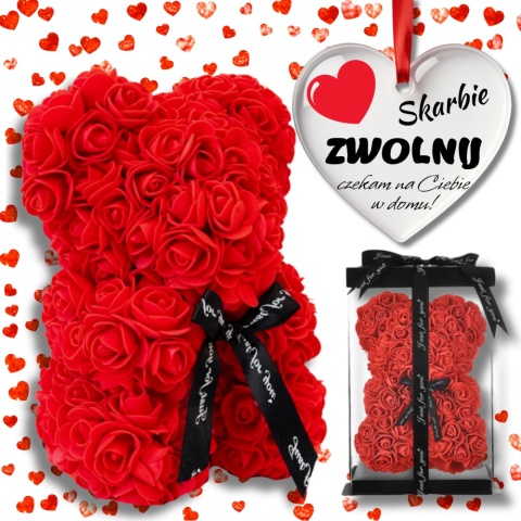 MIŚ Z PŁATKÓW RÓŻ W PUDEŁKU + ZAWIESZKA SERCE DO AUTA WALENTYNKI DZIEŃ KOBIET