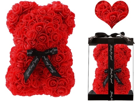 MIŚ Z PŁATKÓW RÓŻ W PUDEŁKU + ZAWIESZKA SERCE DO AUTA WALENTYNKI DZIEŃ KOBIET