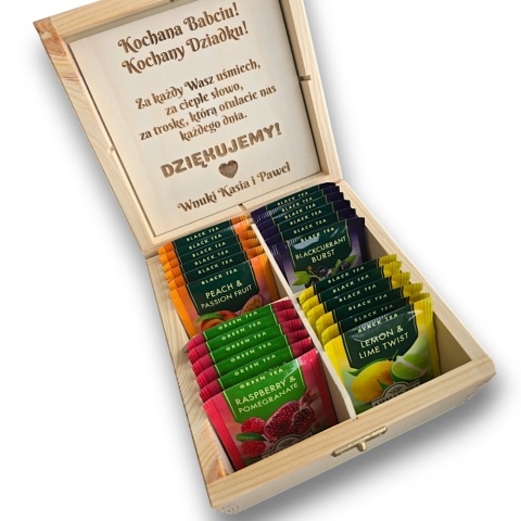 PREZENT NA DZIEŃ BABCI I DZIADKA Drewniana skrzynka z herbatą PERSONALIZACJA 100263