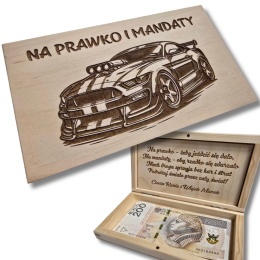 Drewniana skrzynka na pieniądze Na Prawko i Mandaty PREZENT na urodziny prawo jazdy AUTO