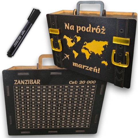 SKARBONKA WYKREŚLANA NA PODRÓŻ MARZEŃ WALIZKA PERSONALIZOWANA OSZCZĘDZANIE PREZENT
