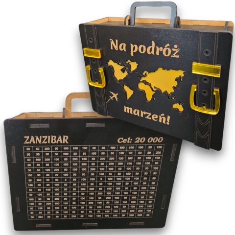 SKARBONKA WYKREŚLANA NA PODRÓŻ MARZEŃ WALIZKA PERSONALIZOWANA OSZCZĘDZANIE PREZENT