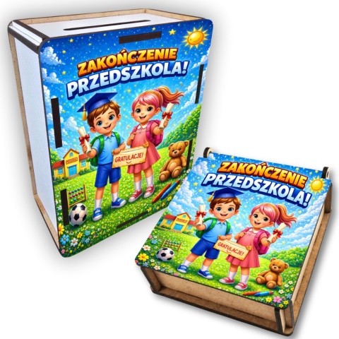 ZESTAW PREZENT NA ZAKOŃCZENIE PRZEDSZKOLA pudełko na słodycze skarbonka