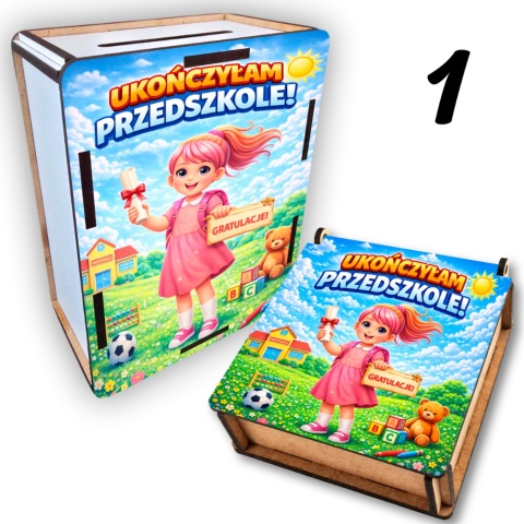 ZESTAW PREZENT NA ZAKOŃCZENIE PRZEDSZKOLA pudełko na słodycze skarbonka