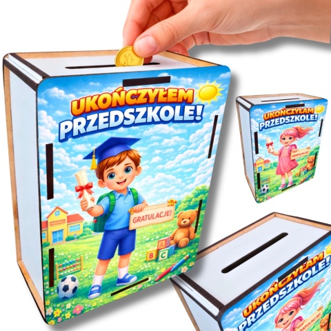 ZESTAW PREZENT NA ZAKOŃCZENIE PRZEDSZKOLA pudełko na słodycze skarbonka